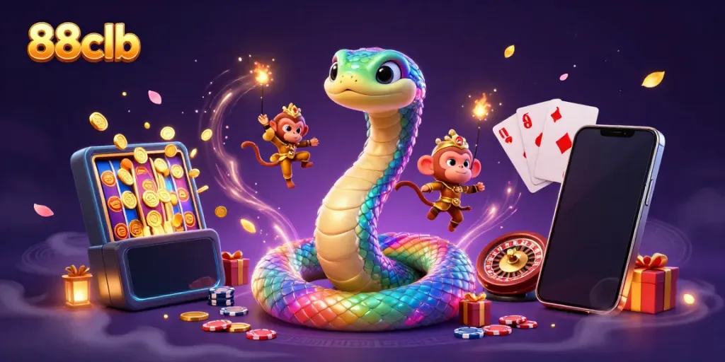 Experience excitement with 88clb's vibrant gaming scene, showcasing colorful slot machines and interactive gameplay.