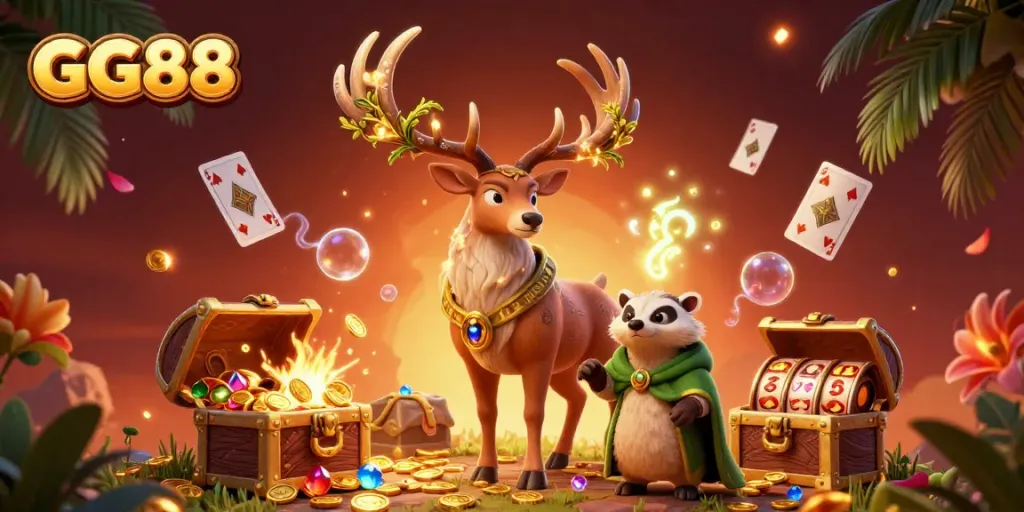 Engage with GG88's vibrant gaming scene featuring slots, treasures, and mystical characters.
