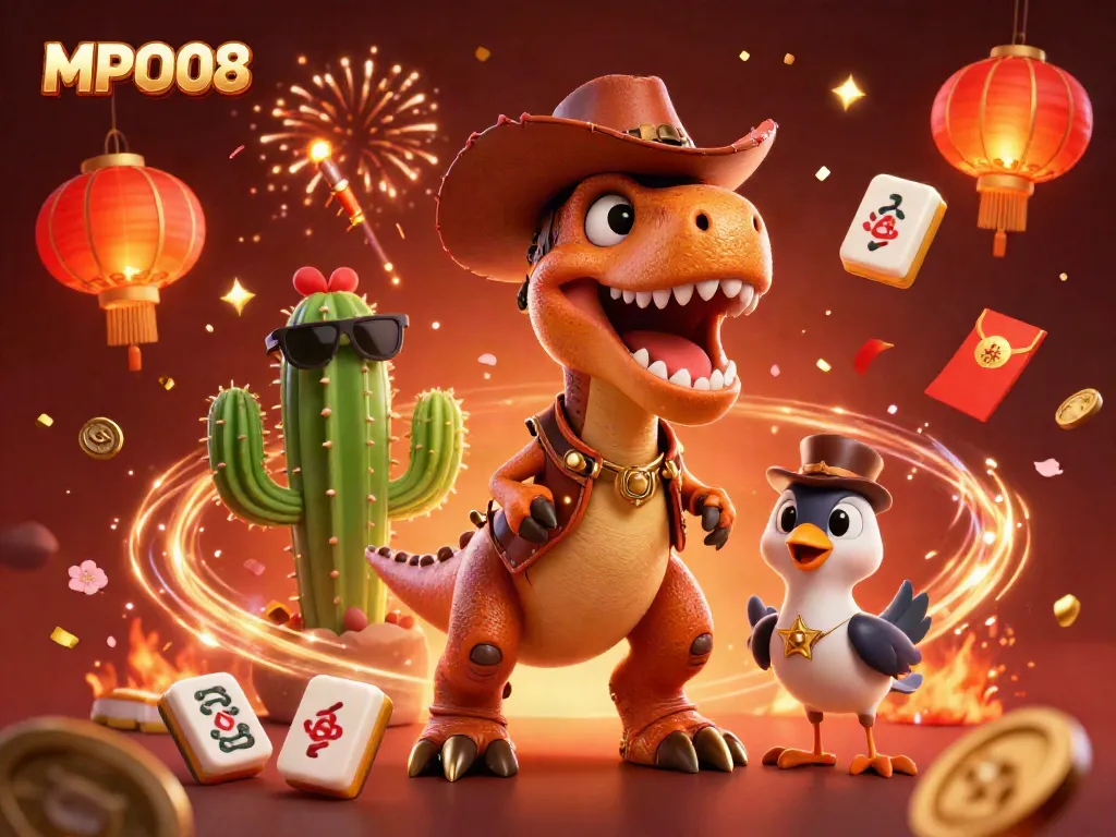MPO08 brings excitement with a 3D cartoon cowboy dinosaur and casino elements in a vibrant celebration scene