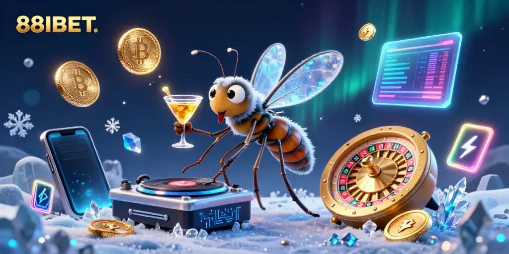 Engage with 88IBET as a whimsical 3D mosquito mascot, showcasing vibrant casino elements.