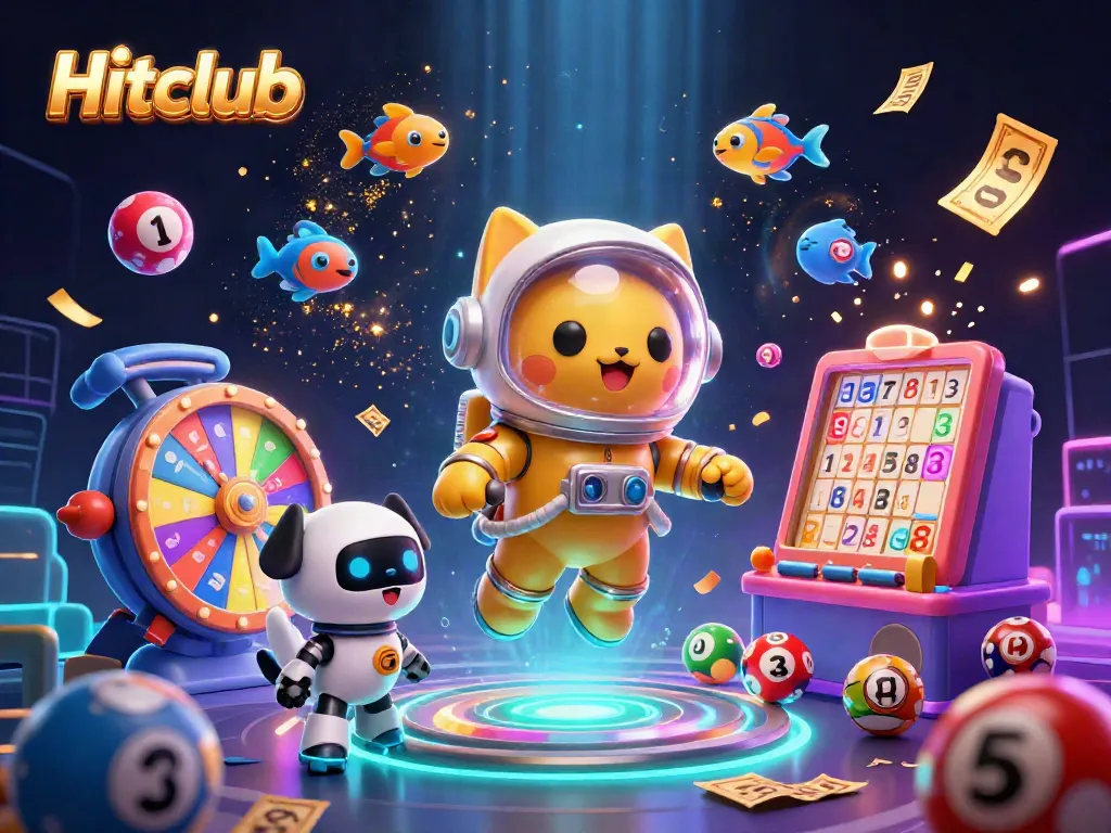Engaging Hitclub scene featuring a cartoon astronaut cat and a robot dog amidst a colorful casino-themed environment.