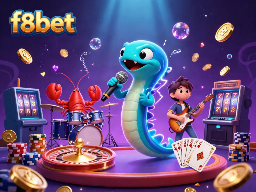 Engage with f8bet's electrifying underwater casino scene featuring an animated eel DJ and vibrant game elements.