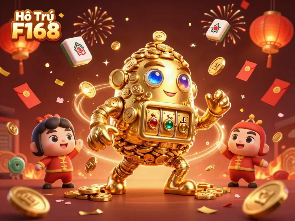 Experience top gaming at Hỗ Trợ F168 with vibrant 3D visuals of golden coins and festive elements.