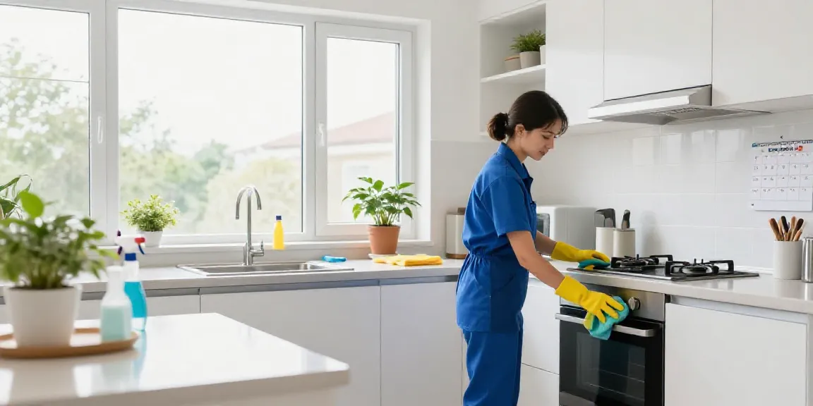 End of lease cleaning Melbourne with a professional cleaner scrubbing the oven in a bright, clean kitchen.