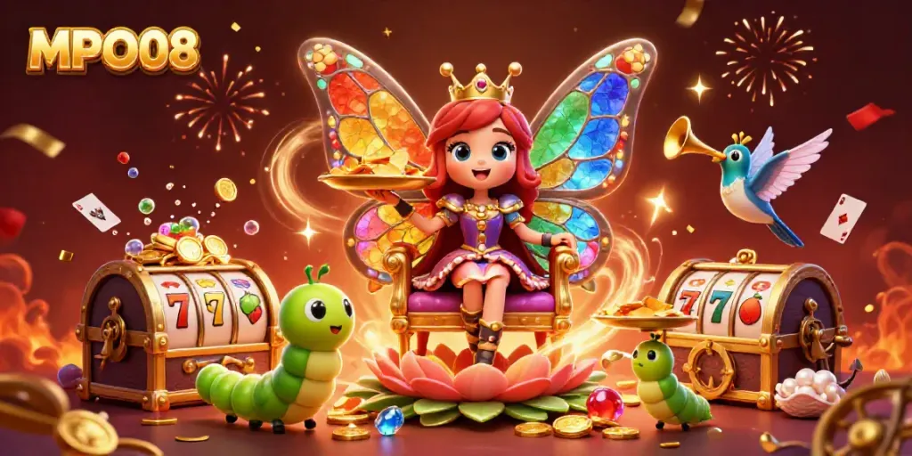MPO08 brings excitement with a 3D butterfly queen, vibrant gems, and golden chips in an online casino scene.