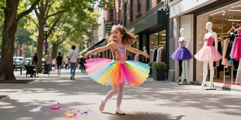 A joyful girl wearing a colorful tutu dancing in a park with a tutu store boutique in the background, capturing the essence of playful fashion.