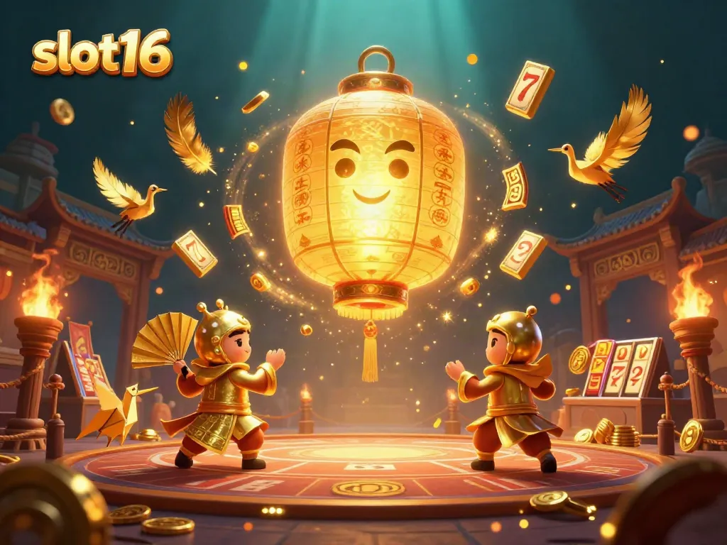 Spin to win in the vibrant slot16 game scene featuring dynamic golden characters and rich casino elements.