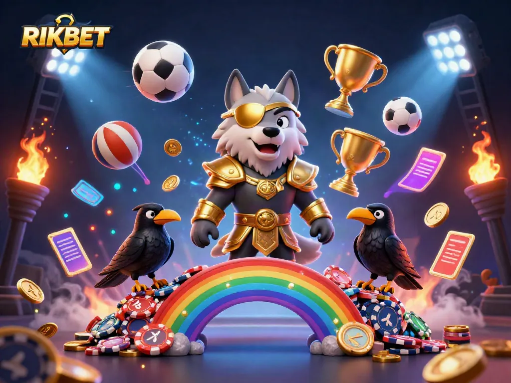 RIKBET offers a majestic gaming experience with dynamic casino-themed characters on a vibrant bridge of casino chips.