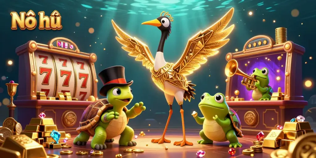 Nổ hũ slots scene with dynamic cartoon characters and rich casino elements for exciting gameplay.