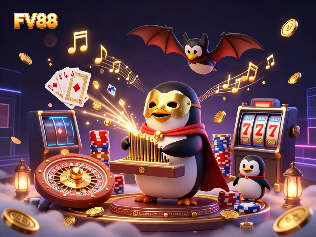 Experience FV88 with a phantom penguin playing music and coins flying in a vibrant casino scene.