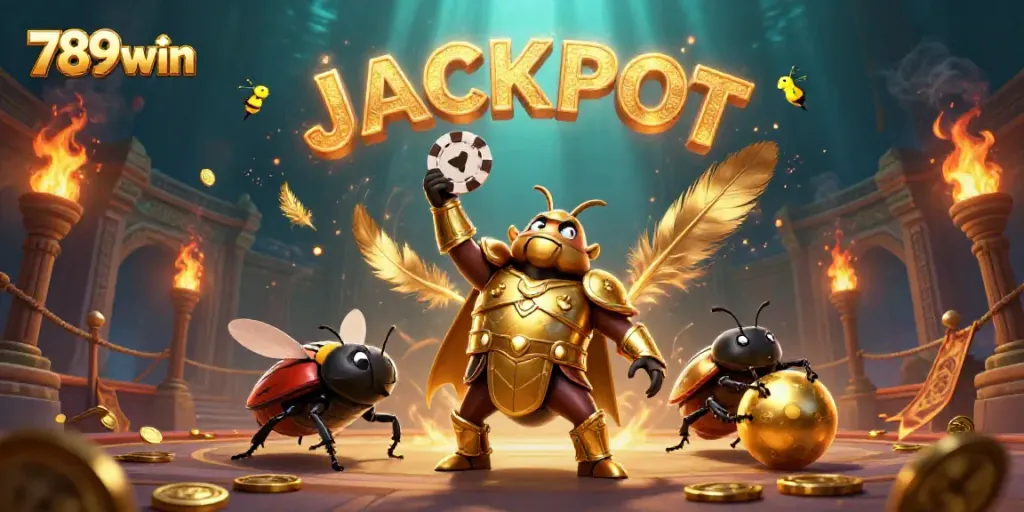 Experience the excitement of 789win as a cartoon beetle triumphantly lifts a poker chip, embodying casino thrills.