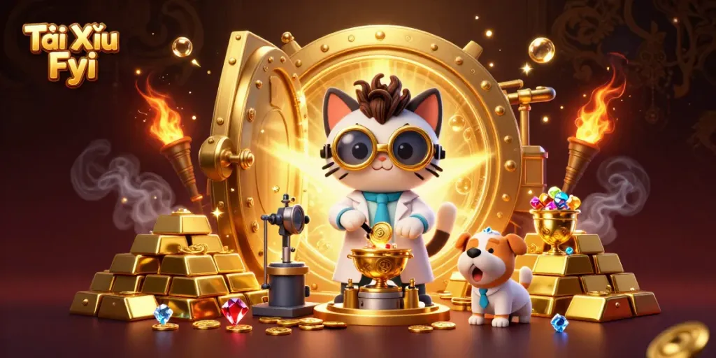 Engage in thrilling fun with Tài Xỉu Fyi through this playful illustration of a mad scientist cat and dog in a treasure-filled lab.