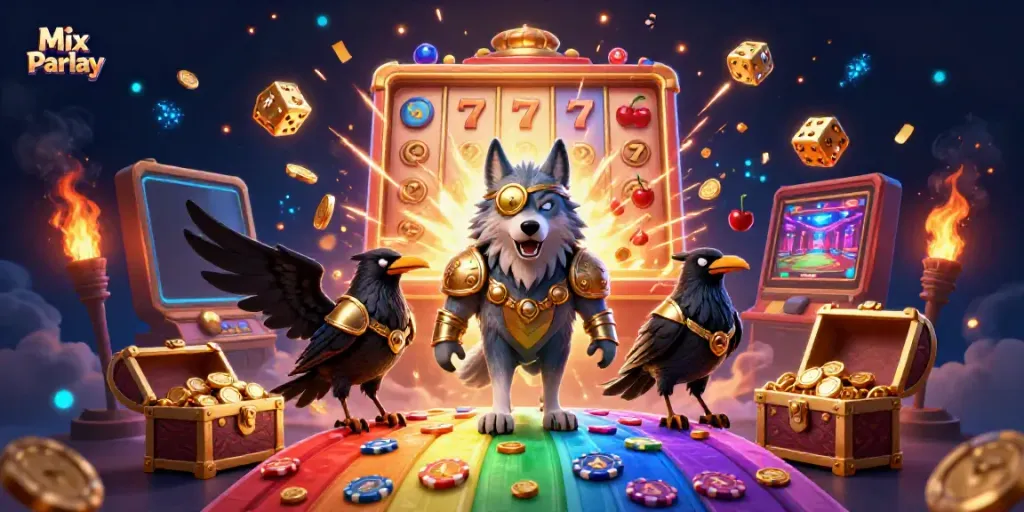 Experience the thrill of Mix Parlay with a captivating scene featuring Odin, ravens, and casino symbols in action.