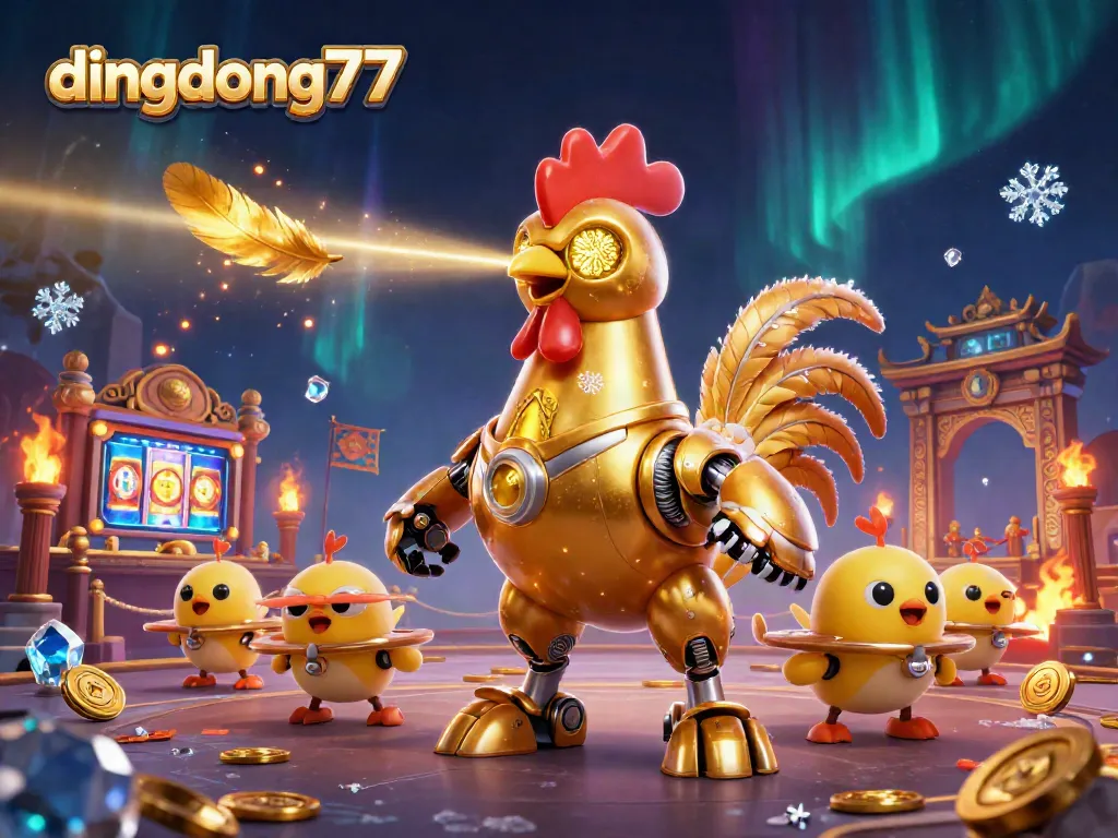 Witness the thrill of dingdong77 as a golden rooster robot leads a dynamic casino adventure.