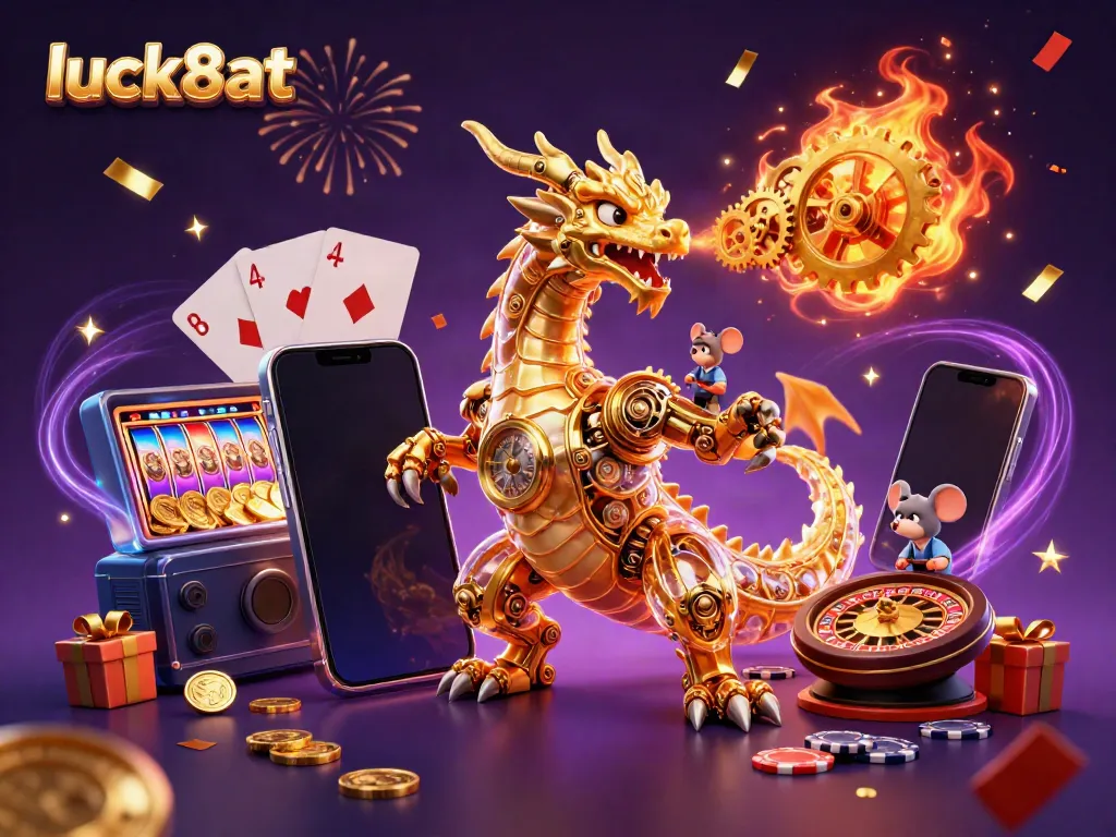 Experience excitement at luck8at with vibrant slot games, golden visuals, and dynamic casino elements.