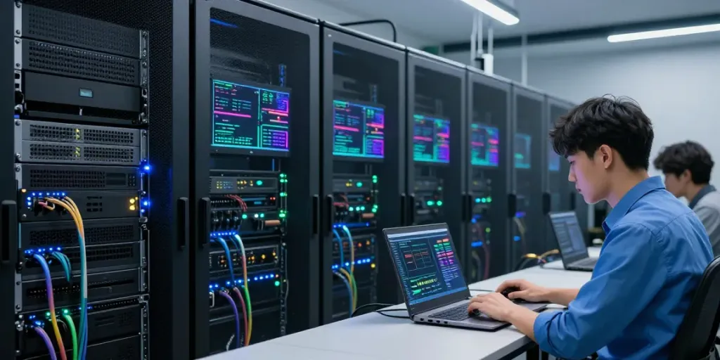 Tech expert configuring advanced crypto-only hosting servers in a modern data center.