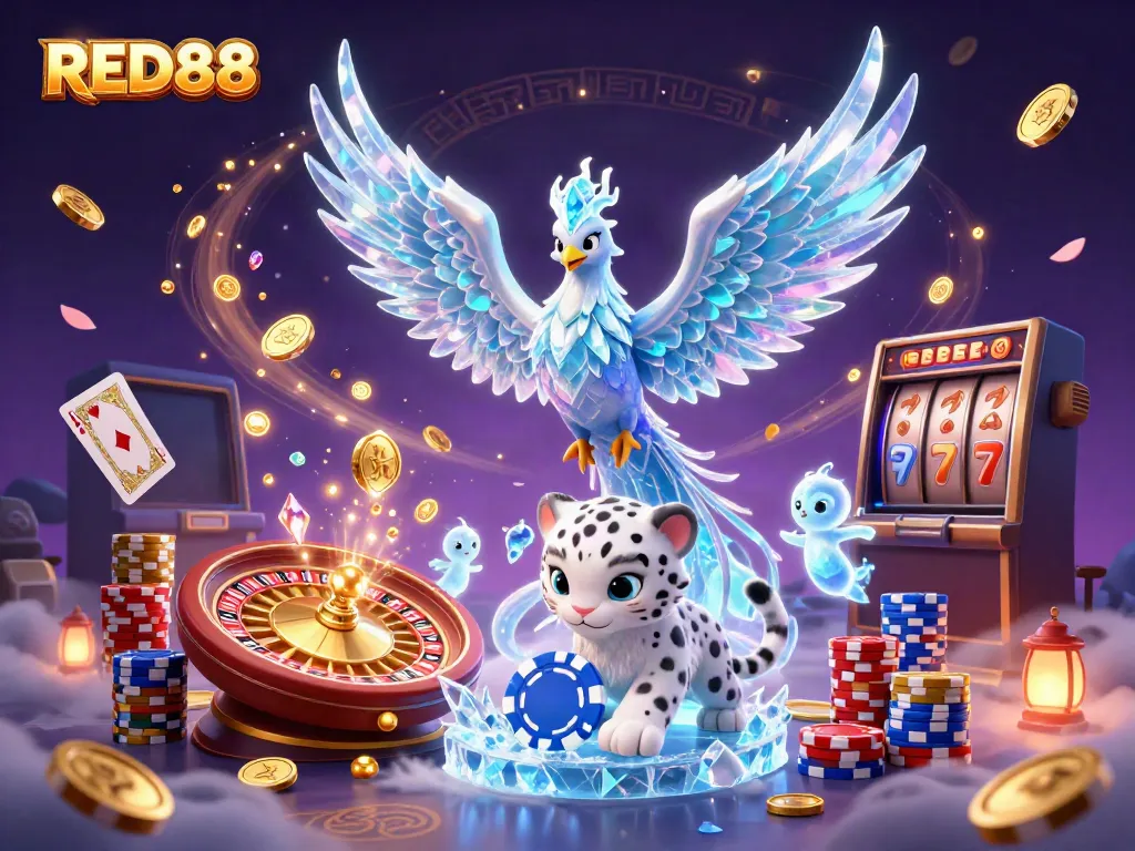 Experience the thrill of RED88 with vibrant 3D characters dancing amidst cascading casino elements.
