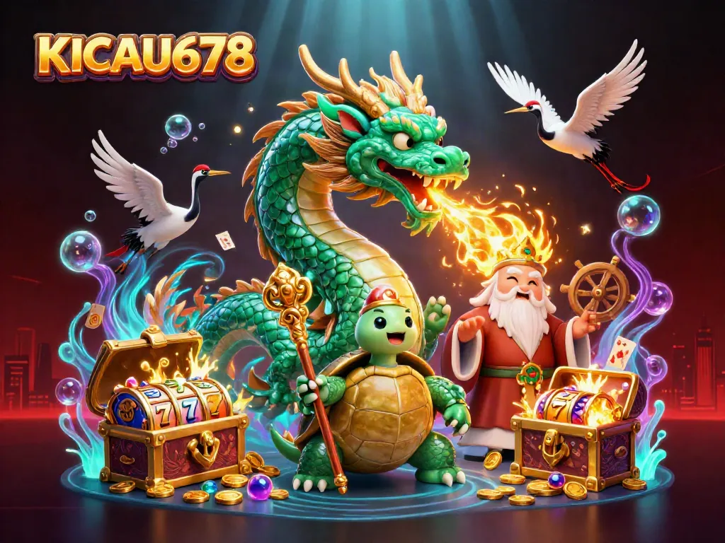 KICAU678 offers an exciting gaming experience with a vibrant dragon and turtle featuring dynamic slot elements.