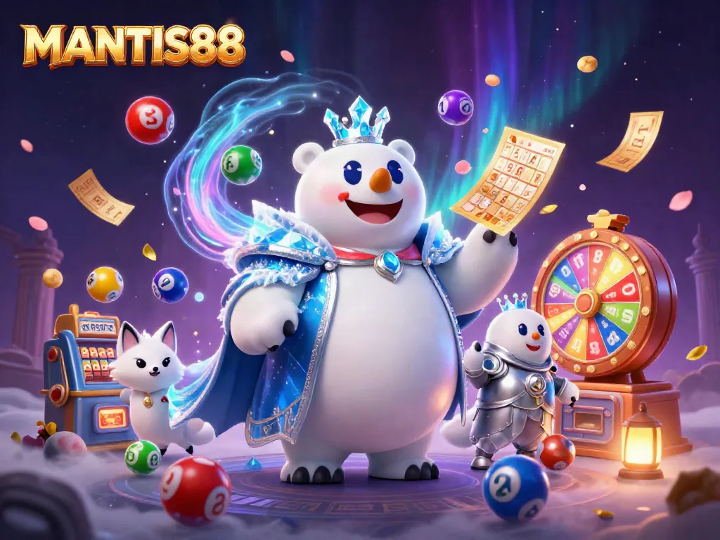 MANTIS88 showcases a dynamic scene with a cartoon ice king polar bear and mystical elements, symbolizing an engaging gaming experience.