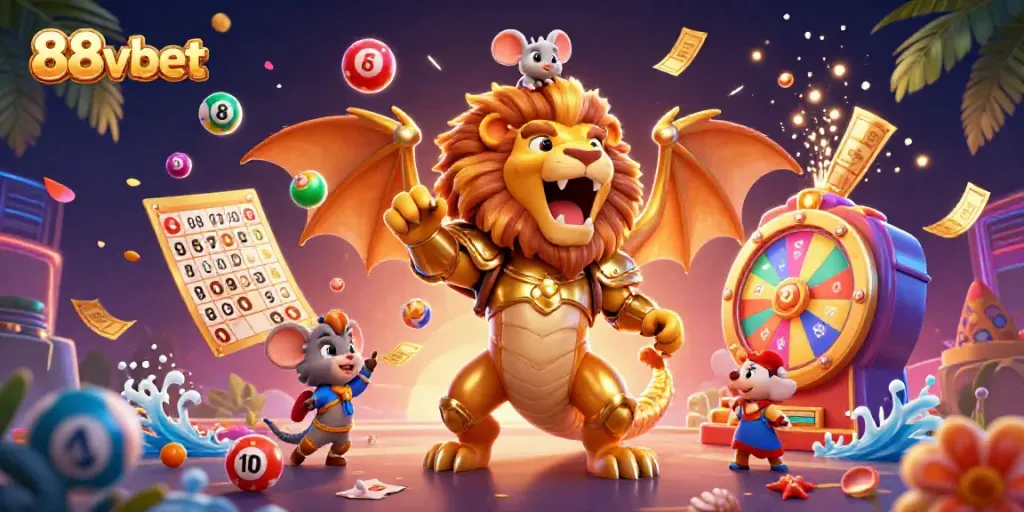 Engage with 88vbet through this vibrant 3D casino illustration showcasing a triumphant chimera and gaming excitement.
