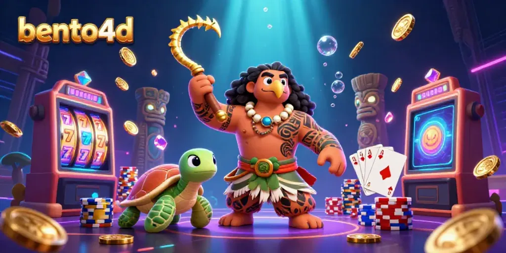 Experience thrilling wins with bento4d in a vibrant casino scene featuring a demigod and treasures.