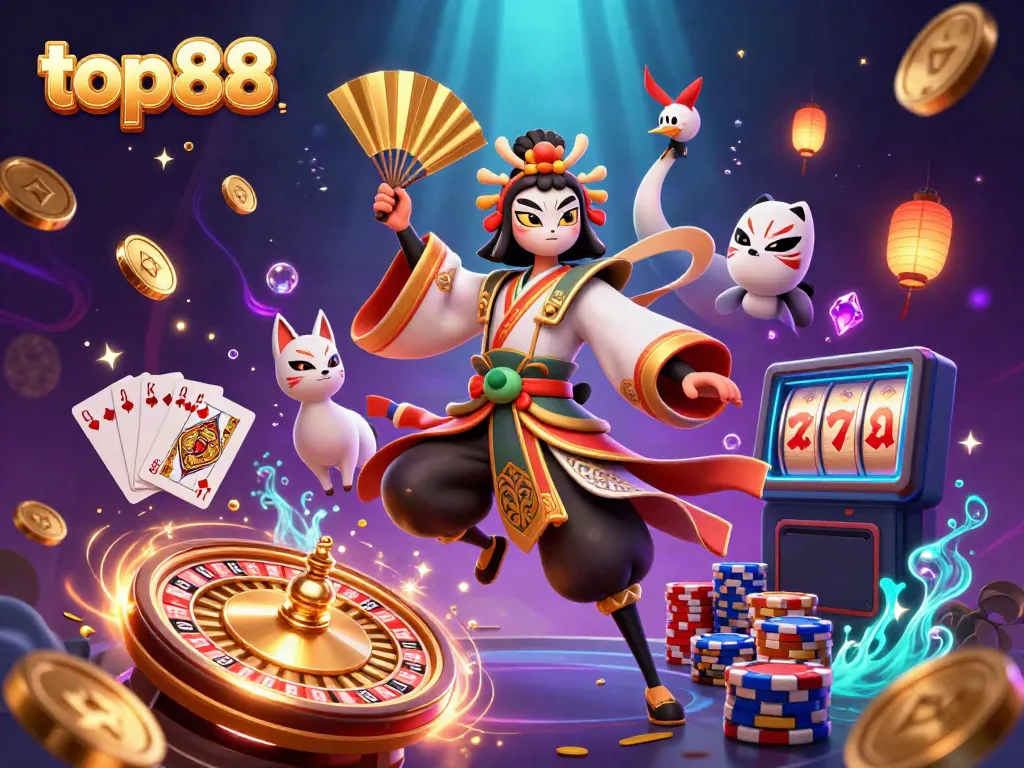 Experience thrilling action with top88 as the kabuki warrior and kitsune mask celebrate wins amidst casino elements.