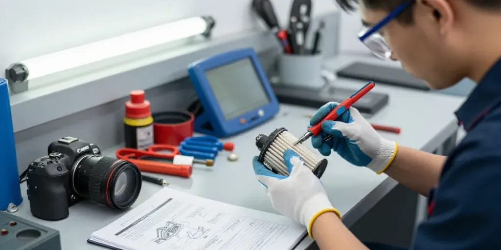 Technician performing dpf reinigen service in an automotive workshop.