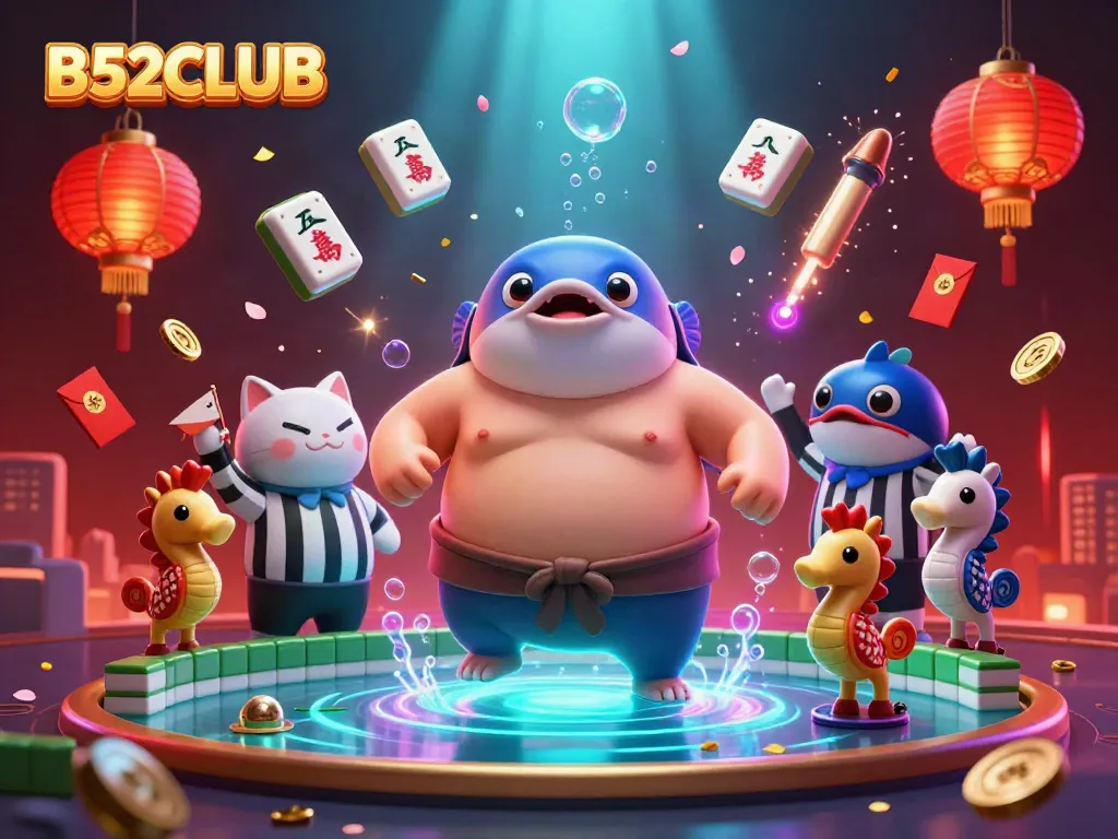 B52CLUB showcases a 3D blowfish in a sumo ring with festive elements, celebrating gaming.