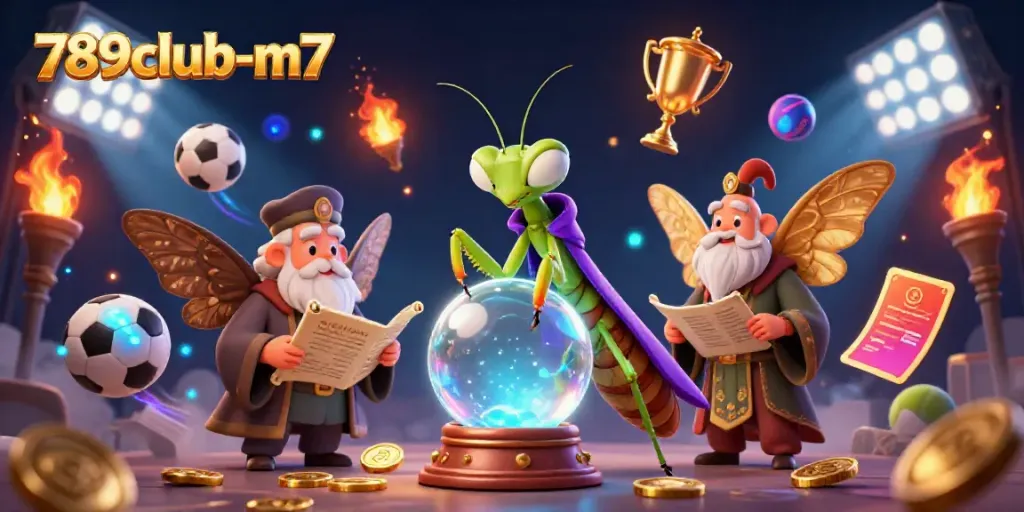 Engage with 789club-m7 through this vibrant illustration showcasing a mystical fortune teller and sports elements.