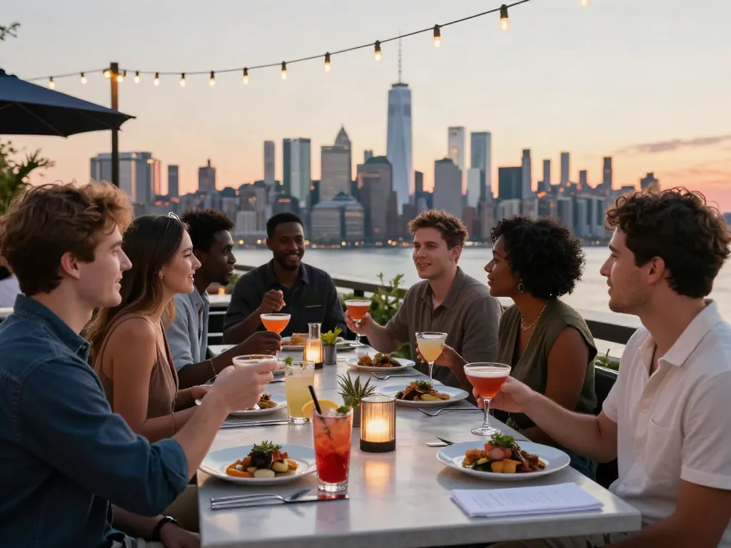 Friends at NoHu enjoying rooftop dining with NYC skyline views
