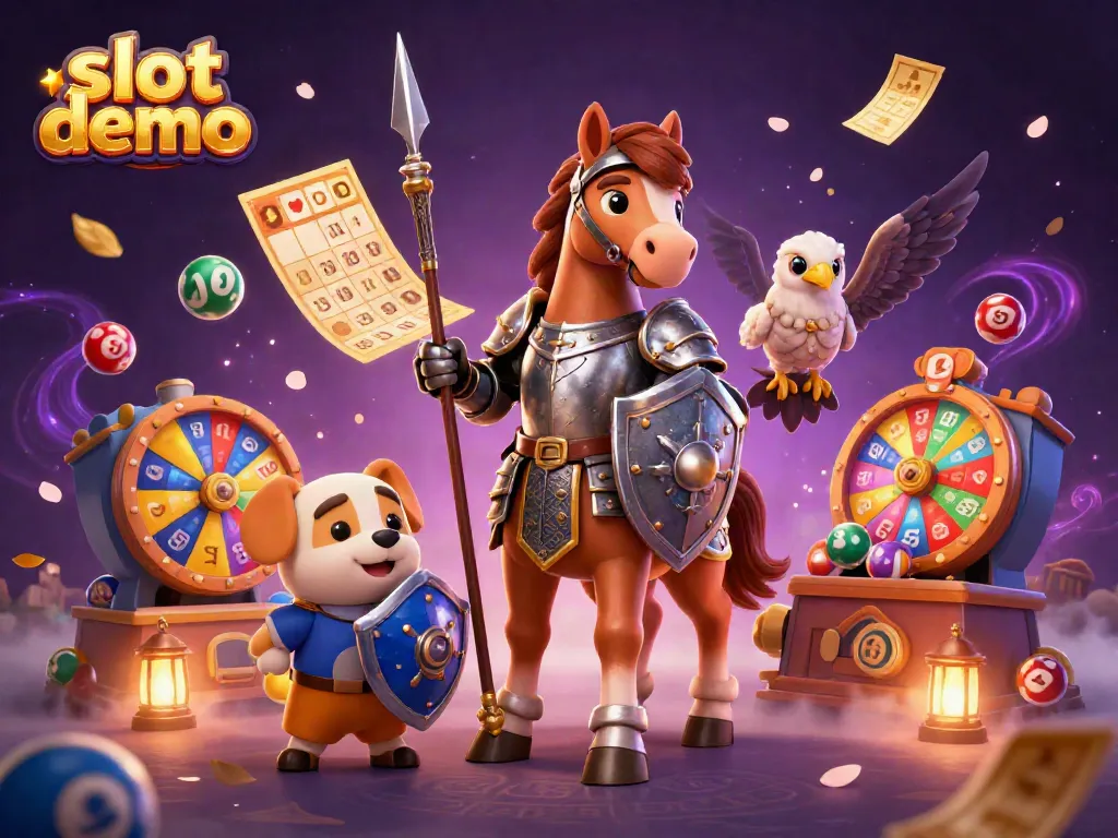 Experience thrilling slot demo games with our vibrant 3D casino scene featuring a knight, a squire puppy, and a falcon.