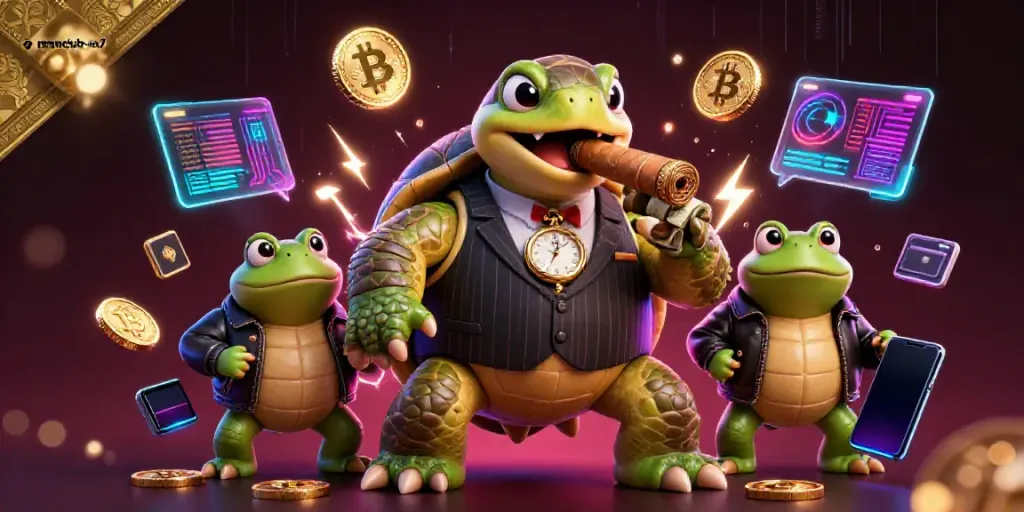 Engage with the thrilling world of manclub-m7, featuring a gangster turtle and frog enforcers in a vibrant casino.