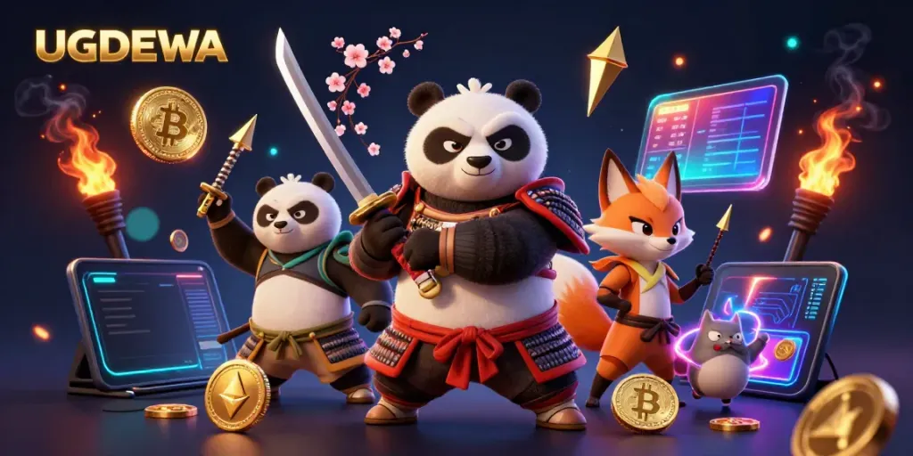 Experience the excitement of UGDEWA with a dynamic illustration of cartoon characters engaged in a lively casino scene.