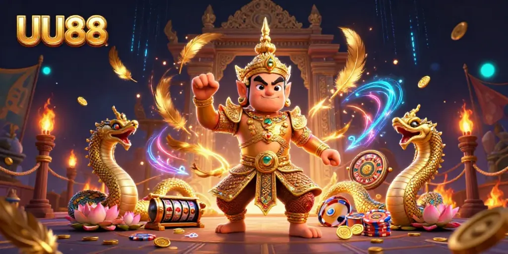 Experience the excitement of UU88 with a vibrant 3D illustration of a Thai temple guardian surrounded by casino elements.