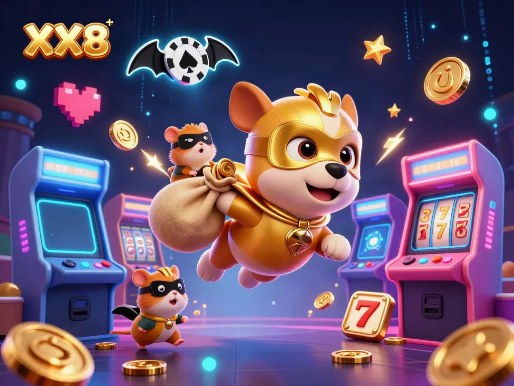 Engage with the action of XX8 and win big with a superhero dog and sidekick in a vibrant casino setting.