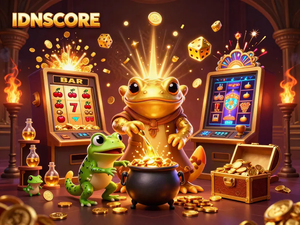 IDNSCORE showcases a vibrant online casino experience filled with dynamic gold elements and engaging gaming scenes.