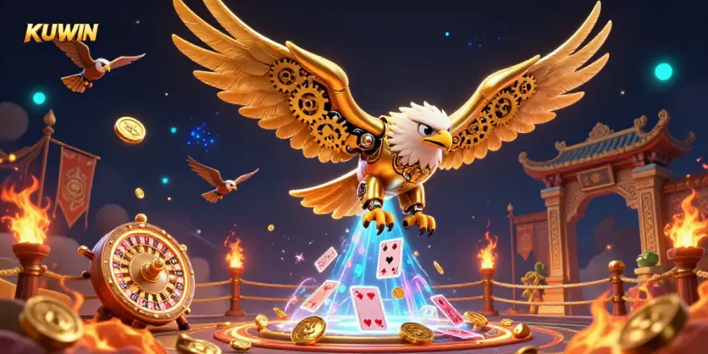 Experience the thrill of KUWIN casino with a dynamic scene featuring a cybernetic eagle and casino elements.