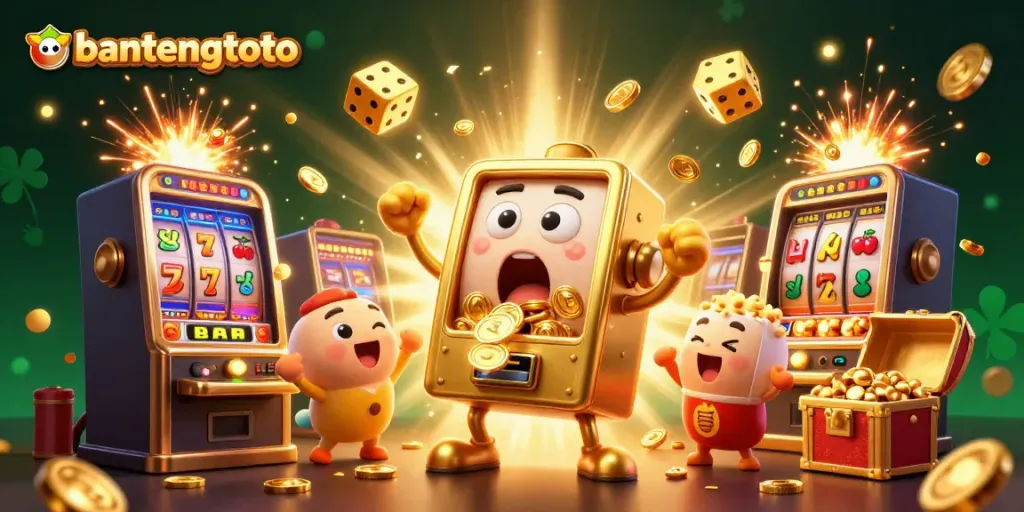 Experience the thrilling bantengtoto jackpot with vibrant cartoon machines pouring coins in this engaging casino scene.