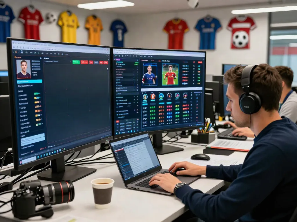 ข่าวซื้อขายนักเตะ in a dynamic newsroom with vibrant displays and engaging statistics.