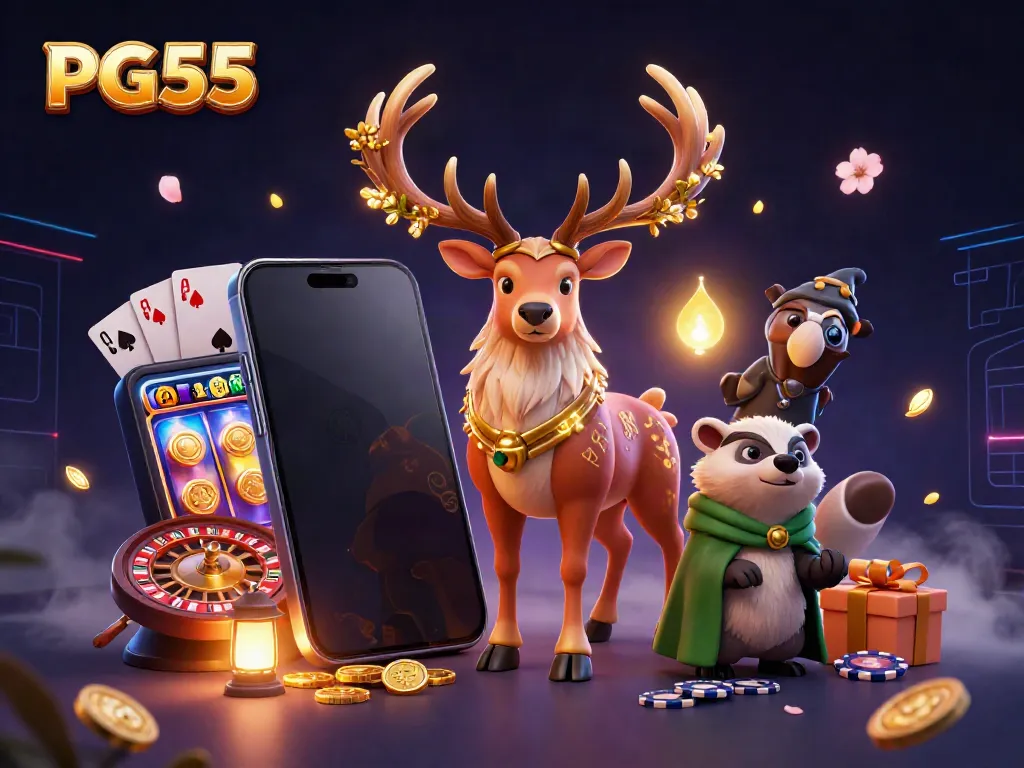 Experience thrilling gameplay with PG55 surrounded by lively casino elements in a mystical atmosphere.