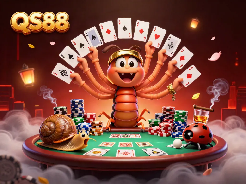 Engage in the excitement of QS88 with a 3D cartoon illustration of vibrant casino action featuring a millipede dealer and a snail high-roller.