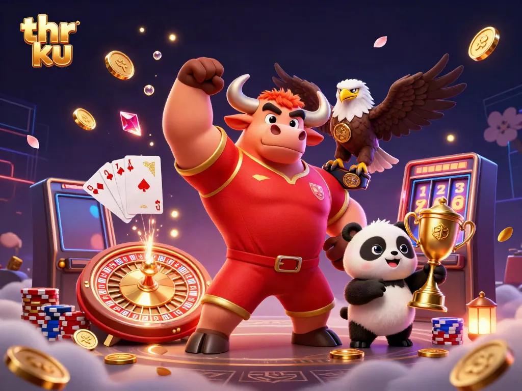 Engage in thrilling games with thr ku's vibrant casino scene, showcasing animated characters and dazzling elements.