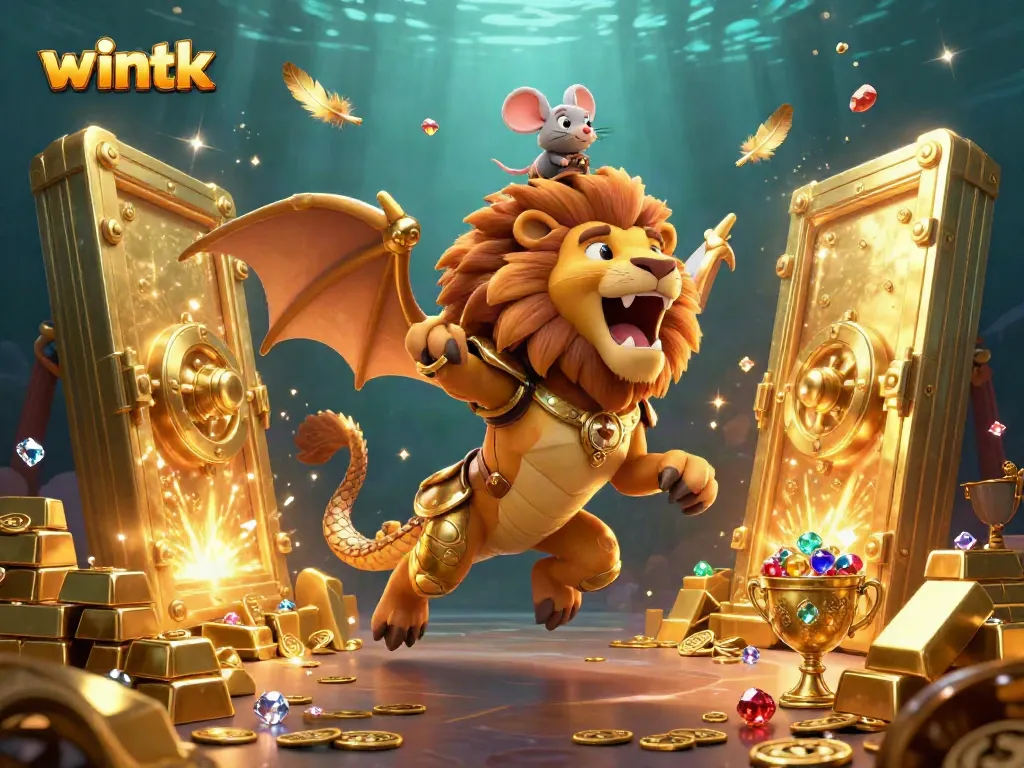 Engage with wintk's dazzling casino scene featuring a victorious chimera creature and shimmering treasures.