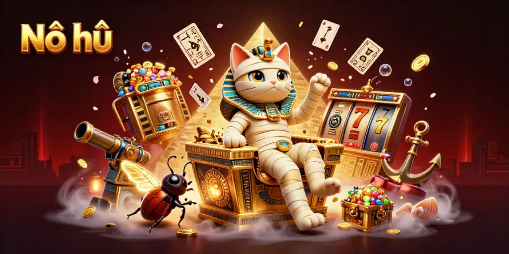 Nổ hũ showcases a vibrant Egyptian-themed casino scene featuring a mummy cat and a scarab beetle with floating playing cards.