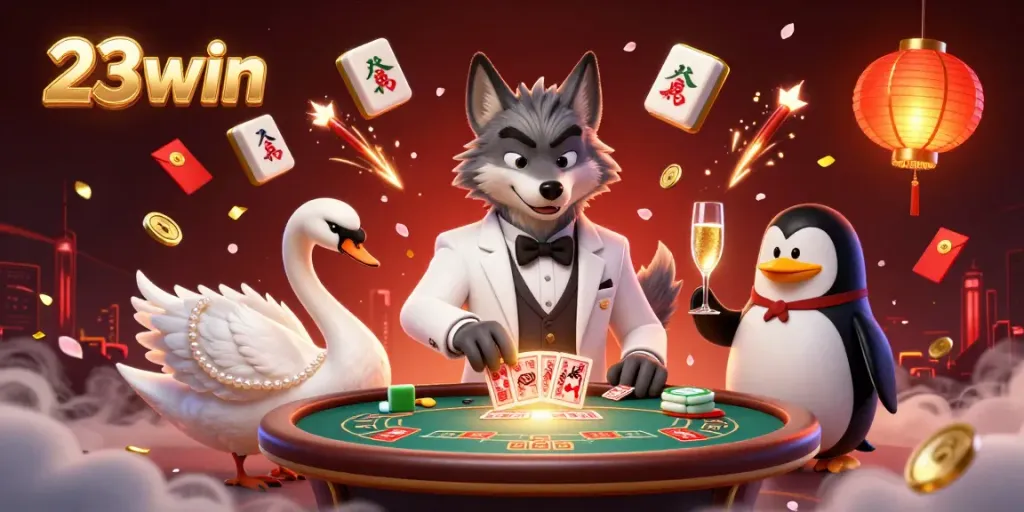 Experience the thrill of baccarat at 23win with elegant characters, vibrant casino elements, and festive atmosphere
