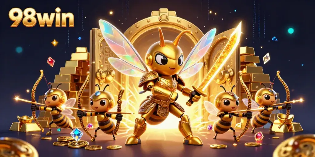 Experience thrilling gaming action with 98win's vibrant casino atmosphere and dazzling characters.
