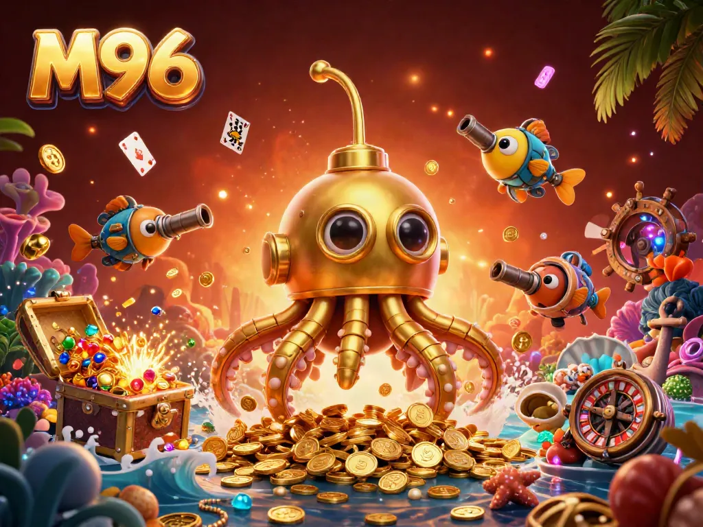 M96 offers an immersive gaming experience, featuring a golden kraken submarine and dynamic casino elements.