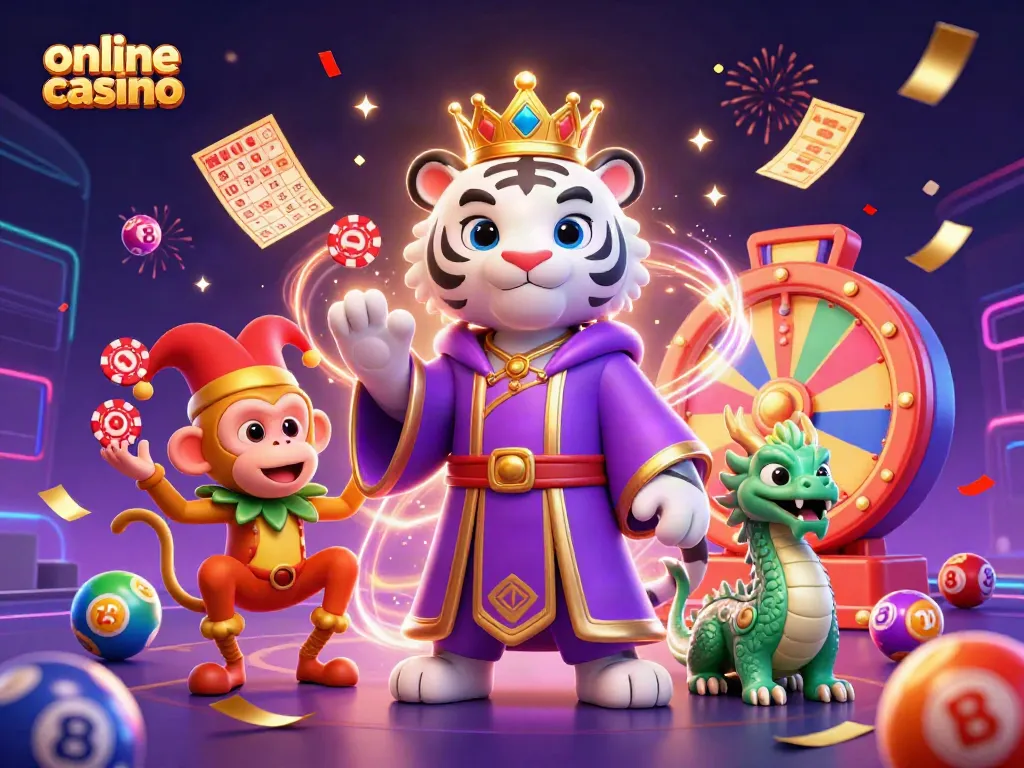 Engaging online casino scene with a cartoon tiger, monkey, and dragon amidst vibrant game elements.