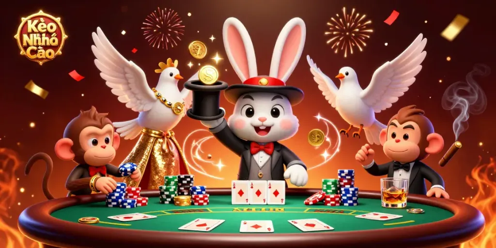 Engage in thrilling gambling action with Kèo Nhà Cái, showcasing lively characters in a dynamic casino setting.