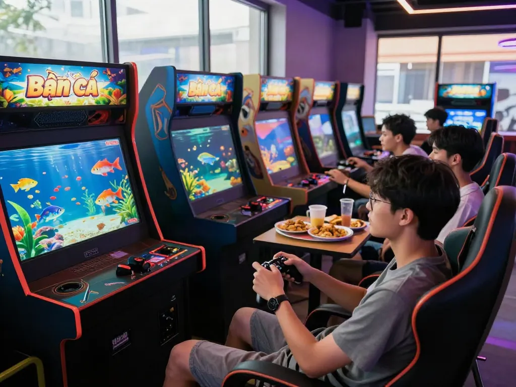 Exciting group playing lại là Bắn cá đổi thưởng in a neon-lit gaming lounge